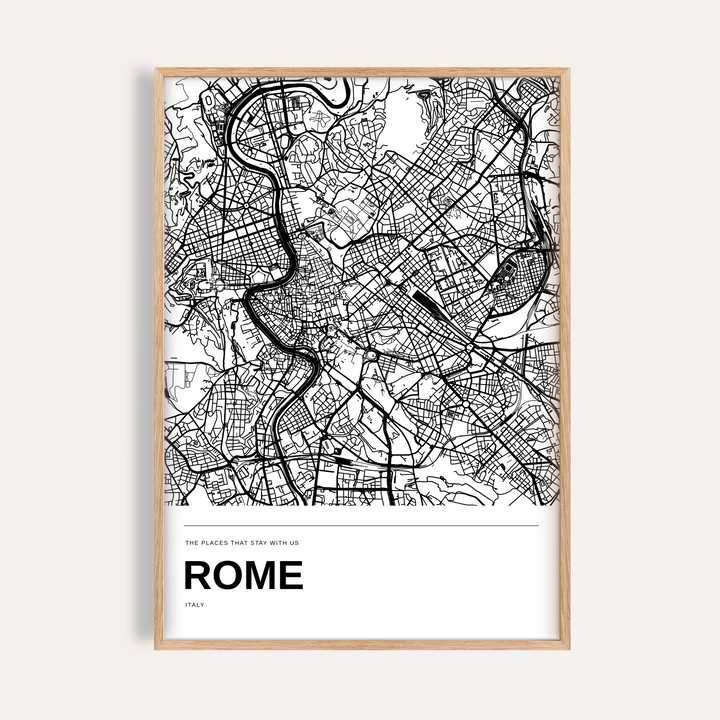 Rome Black and White Map Print — Personalised · Natural wood frame example