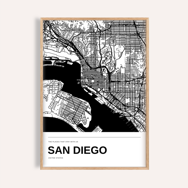 San Diego Black and White Map Print — Personalised · Natural wood frame example