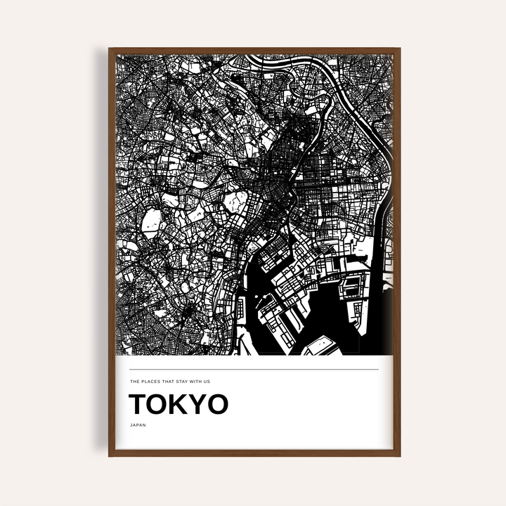 Tokyo Black and White Map Print — Personalised · Dark wood · finish preview