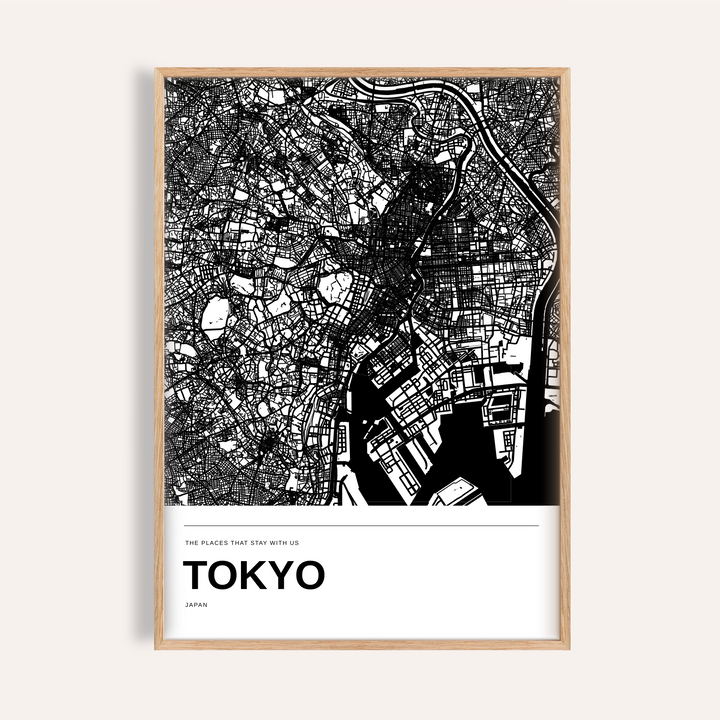 Tokyo Black and White Map Print — Personalised · Natural wood · finish preview