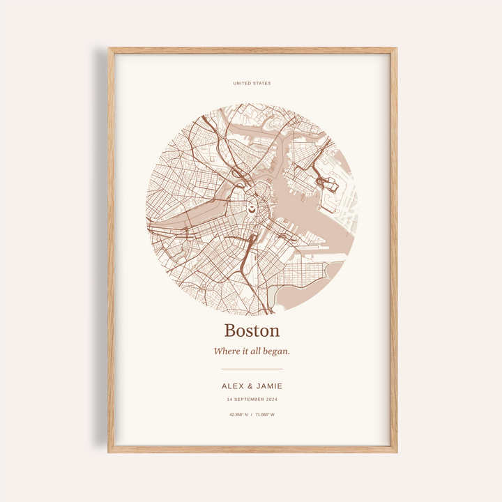 Boston Personalised Location Map — Our Place · Natural wood frame example