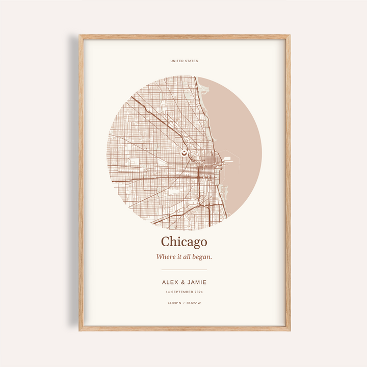 Chicago Personalised Location Map — Our Place · Natural wood frame example