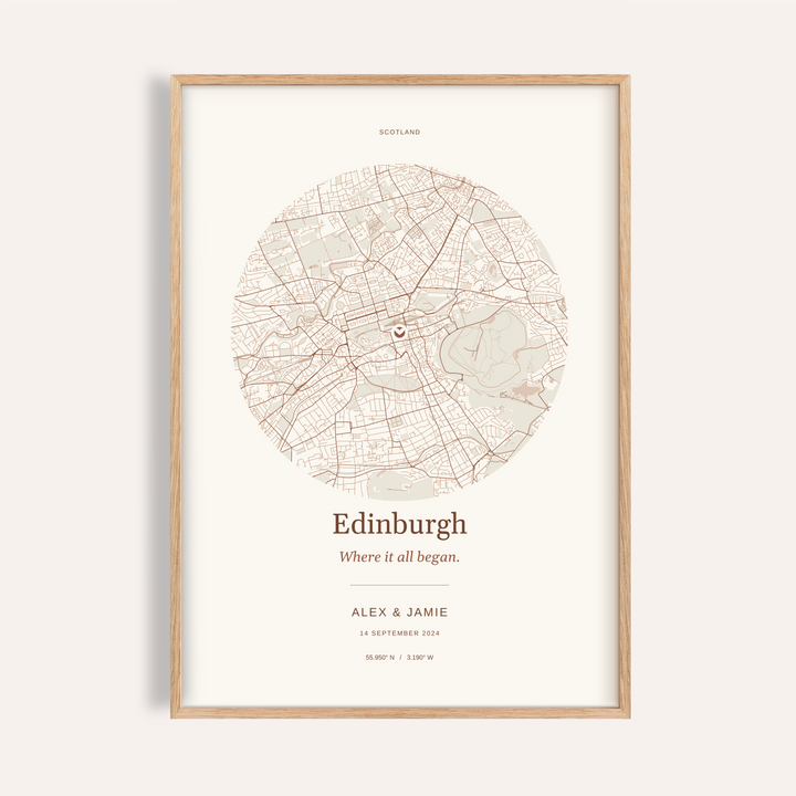 Edinburgh Personalised Map Print — Our Place · Natural wood frame example