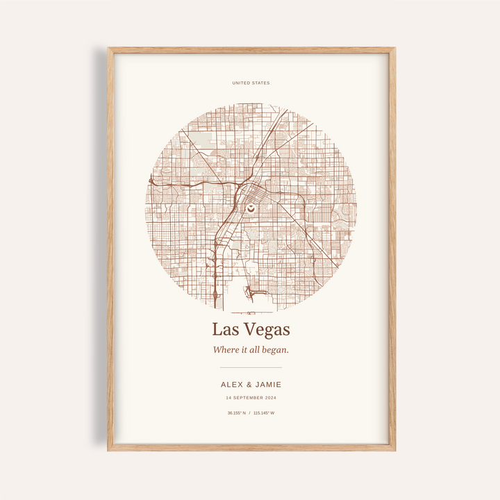 Las Vegas Personalised Location Map — Our Place · Natural wood frame example