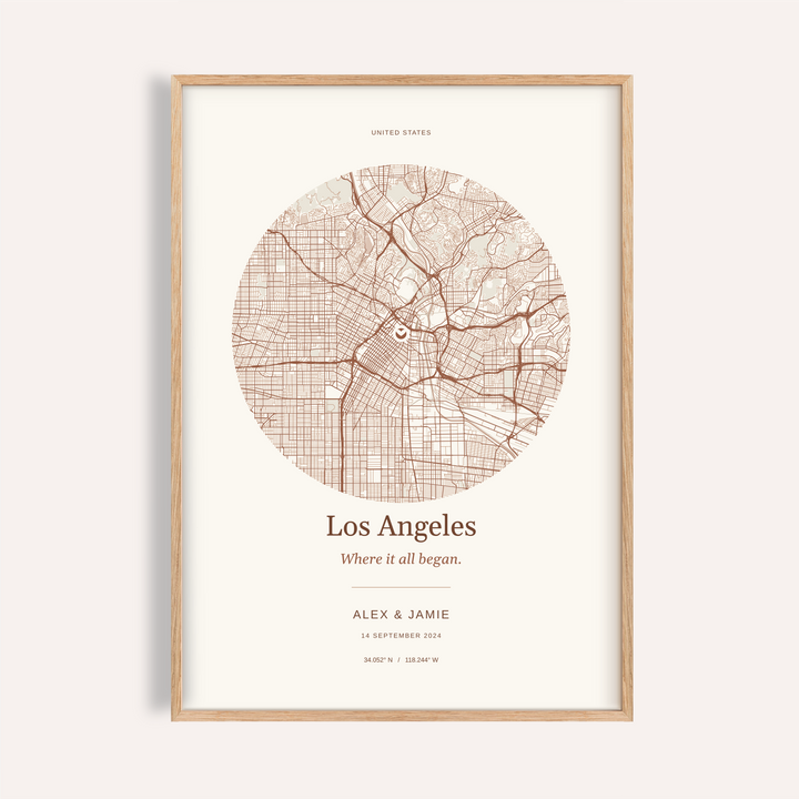 Los Angeles Personalised Location Map — Our Place · Natural wood frame example