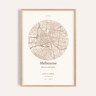 Melbourne Personalised Location Map — Our Place · Natural wood frame example