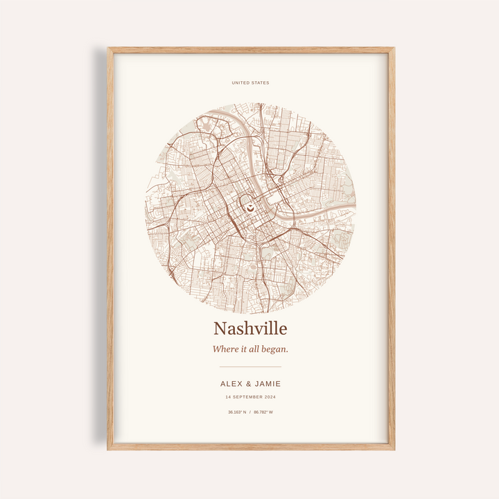 Nashville Personalised Location Map — Our Place · Natural wood frame example