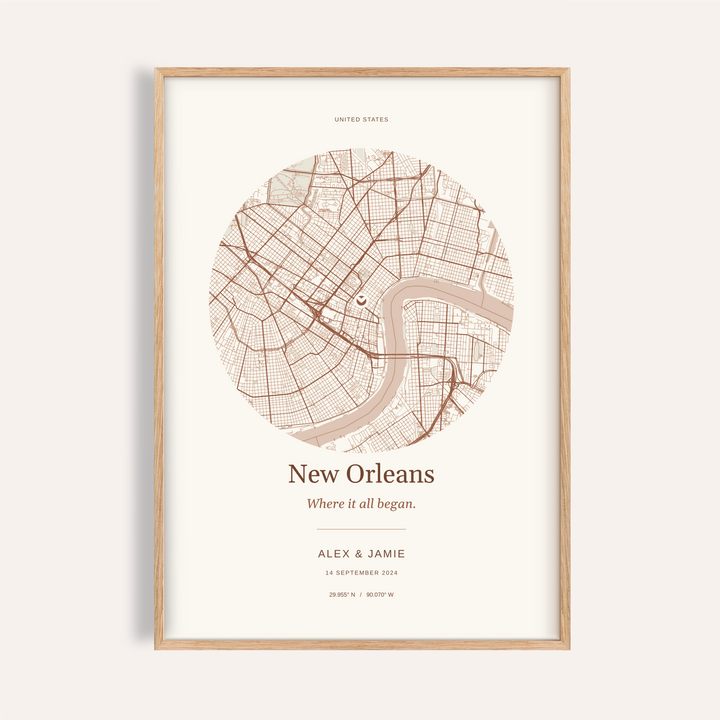 New Orleans Personalised Location Map — Our Place · Natural wood frame example