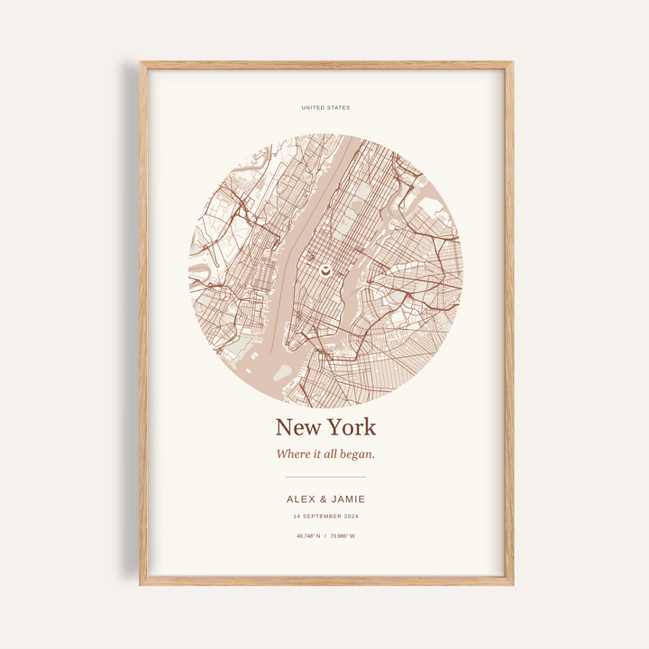 New York City Personalised Location Map — Our Place · Natural wood frame example