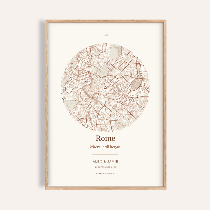 Rome Personalised Location Map — Our Place · Natural wood frame example