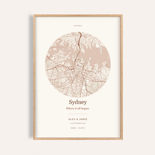 Sydney Personalised Location Map — Our Place · Natural wood frame example