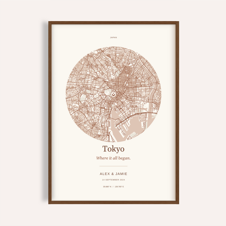 Tokyo Personalised Location Map — Our Place · Dark wood · finish preview