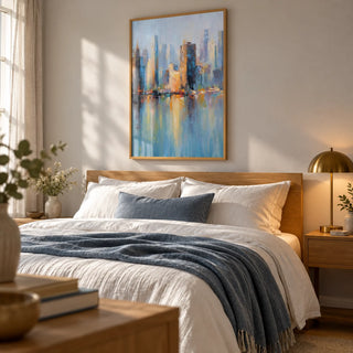 City Skyline Art Print, framed on the wall of a calm bedroom