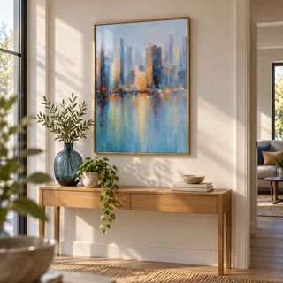 City Skyline Art Print, framed on the wall of a calm hallway