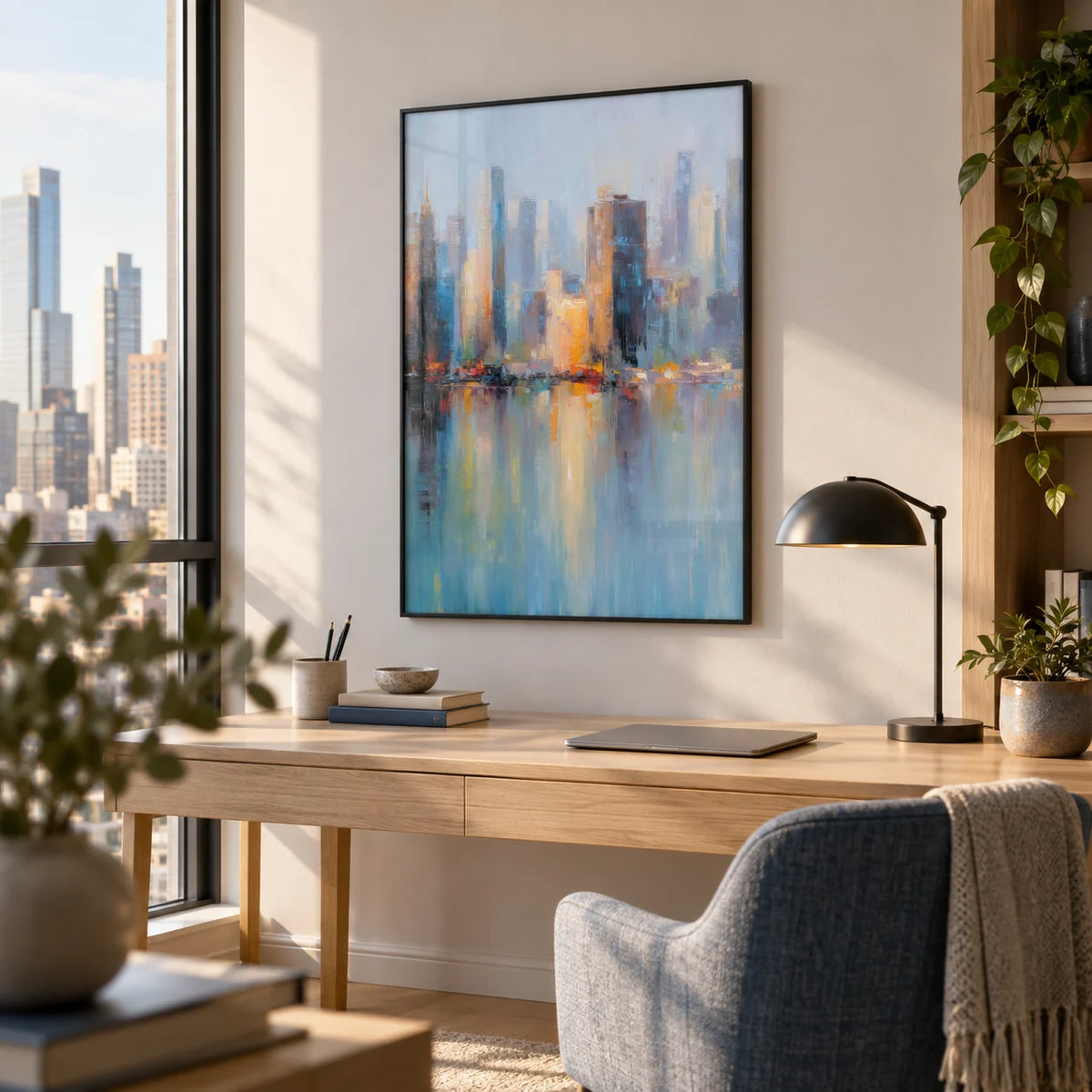 City Skyline Art Print, framed on the wall of a city-flat home office
