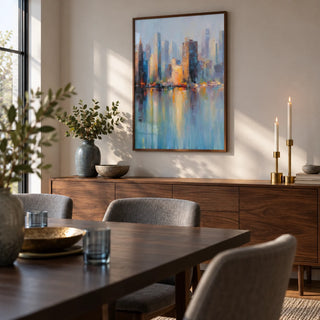 City Skyline Art Print, framed on the wall of a modern dining room