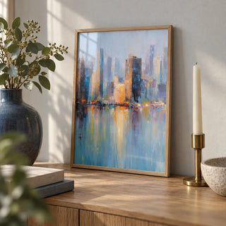 City Skyline Art Print, a small A4 framed print leaning on an oak shelf in a living room