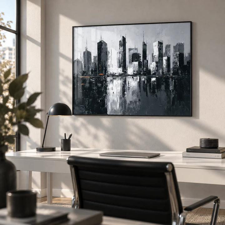City Skylines Wall Art, framed on the wall of a crisp home office