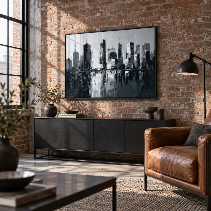 City Skylines Wall Art, framed on the wall of an industrial loft living room with an exposed brick wall and black steel windows