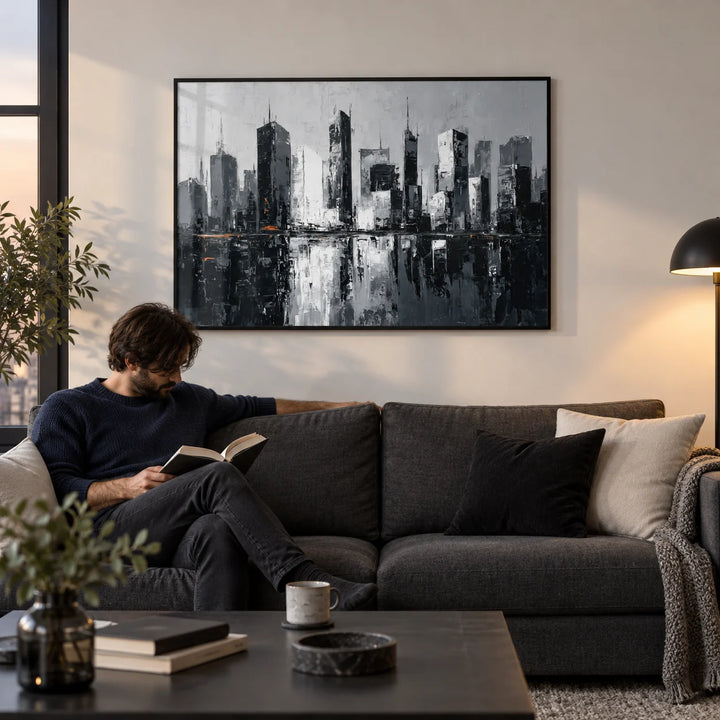 City Skylines Wall Art, framed on the wall of a modern city-flat living room with a white wall