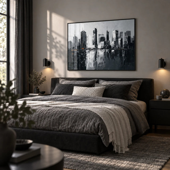 City Skylines Wall Art, framed on the wall of a monochrome bedroom