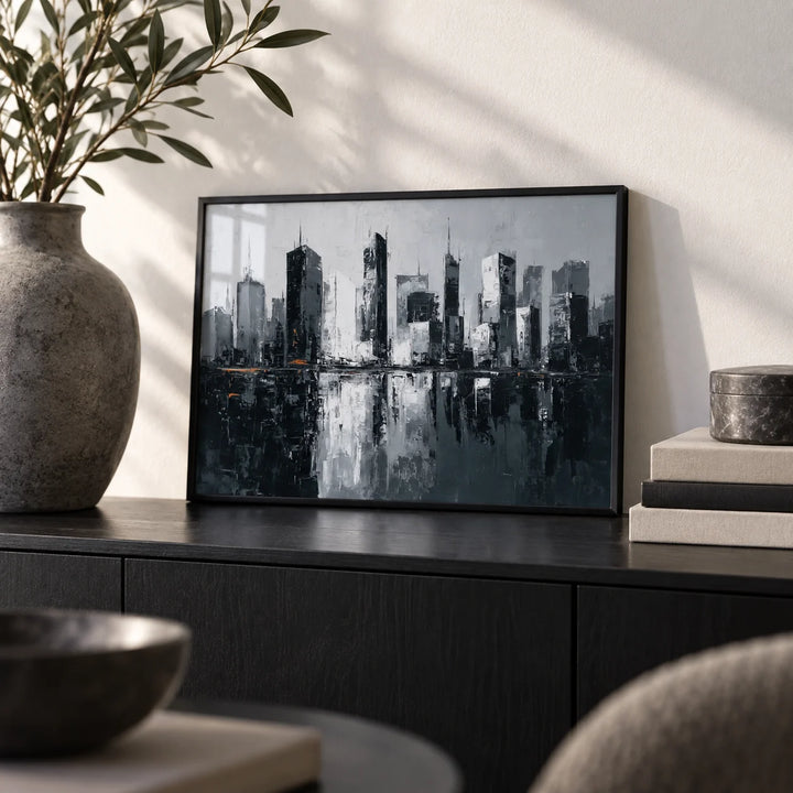 City Skylines Wall Art, a small A4 framed print leaning on a black sideboard in a living room