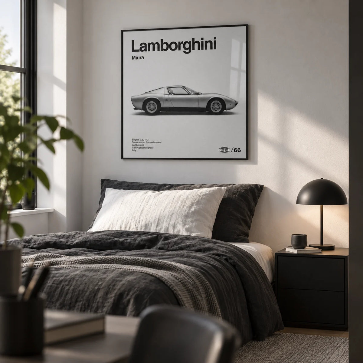 Classic 1960s Supercar Poster, framed on the wall of a crisp single bedroom for a young adult (18-25) with a white wall