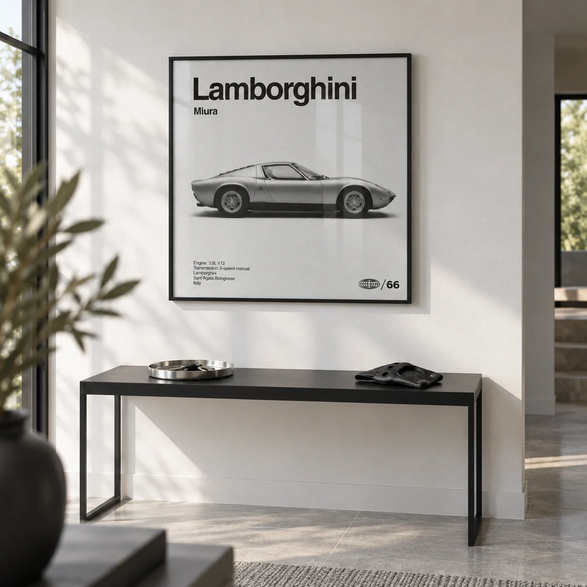 Classic 1960s Supercar Poster, framed on the wall of a modern hallway with a white wall and a pale grey stone floor