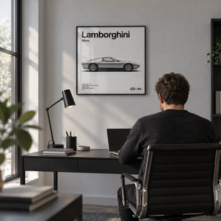 Classic 1960s Supercar Poster, framed on the wall of a modern home office with a pale grey wall