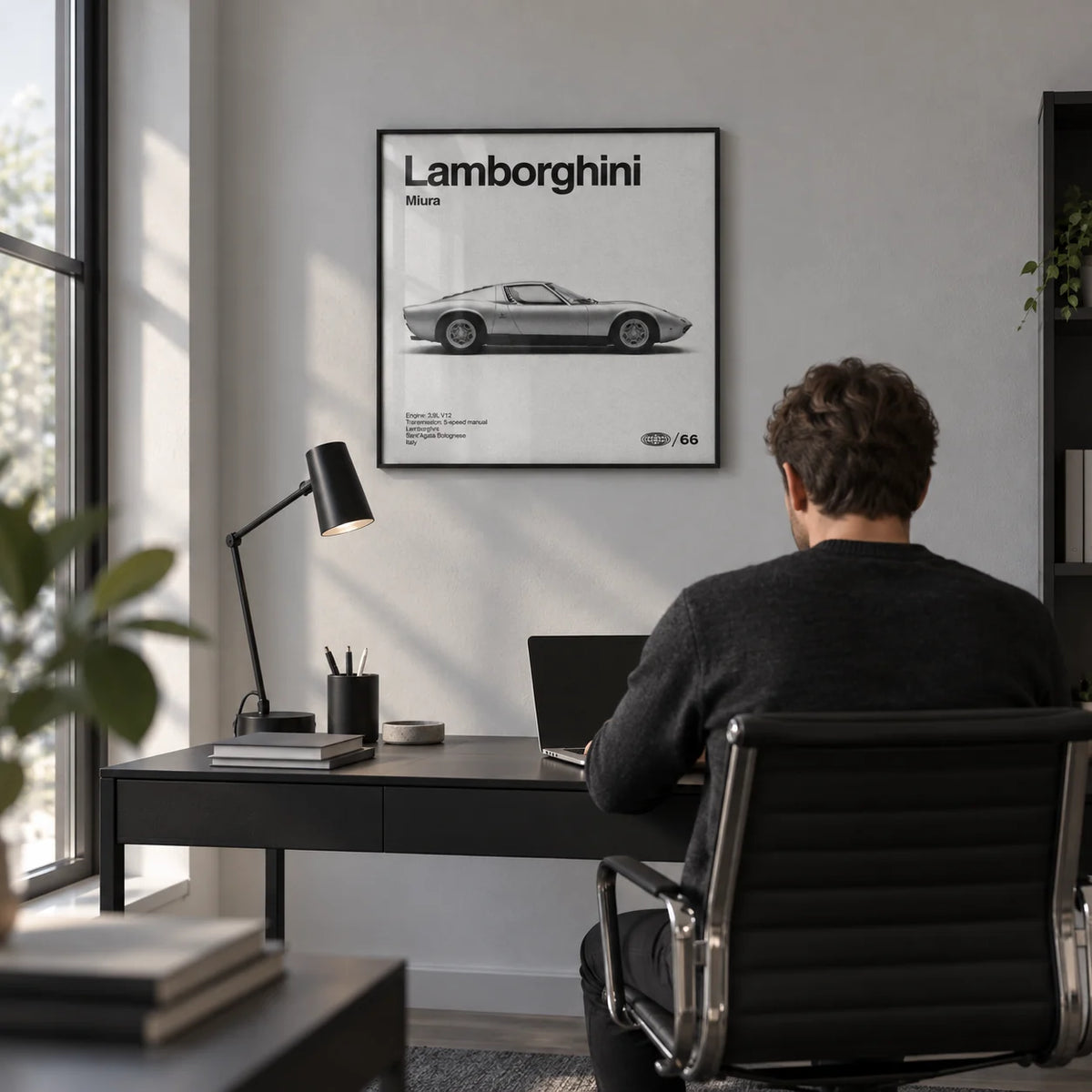 Classic 1960s Supercar Poster, framed on the wall of a modern home office with a pale grey wall