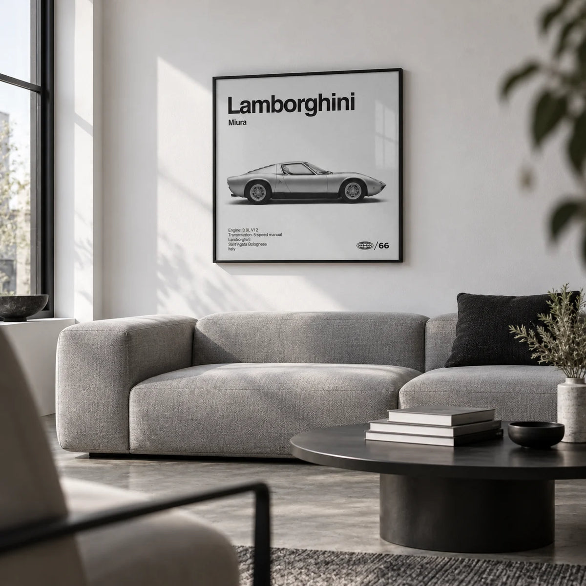 Classic 1960s Supercar Poster, framed on the wall of a monochrome city flat living room with a white wall and a polished concrete floor