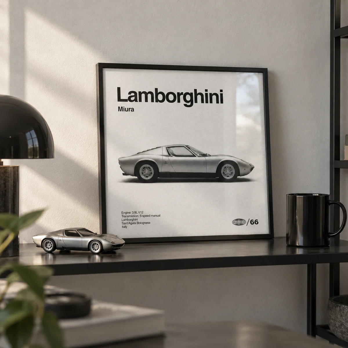 Classic 1960s Supercar Poster, a small A4 framed print leaning on a black metal shelf in a living room