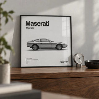 Classic 1970s Grand Tourer Poster, a small A4 framed print leaning on a walnut shelf in a home office