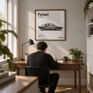 Classic 1980s Italian Coupe Poster, framed on the wall of a compact home study in a renovated UK terrace with a pale grey wall
