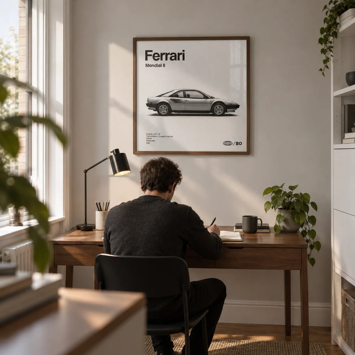 Classic 1980s Italian Coupe Poster, framed on the wall of a compact home study in a renovated UK terrace with a pale grey wall
