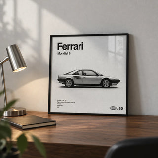 Classic 1980s Italian Coupe Poster, a small A4 framed print leaning on a walnut desk