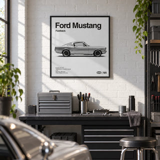 Classic American Muscle Car Poster, framed on the wall of a car enthusiast's den in a converted garage with a white painted brick wall