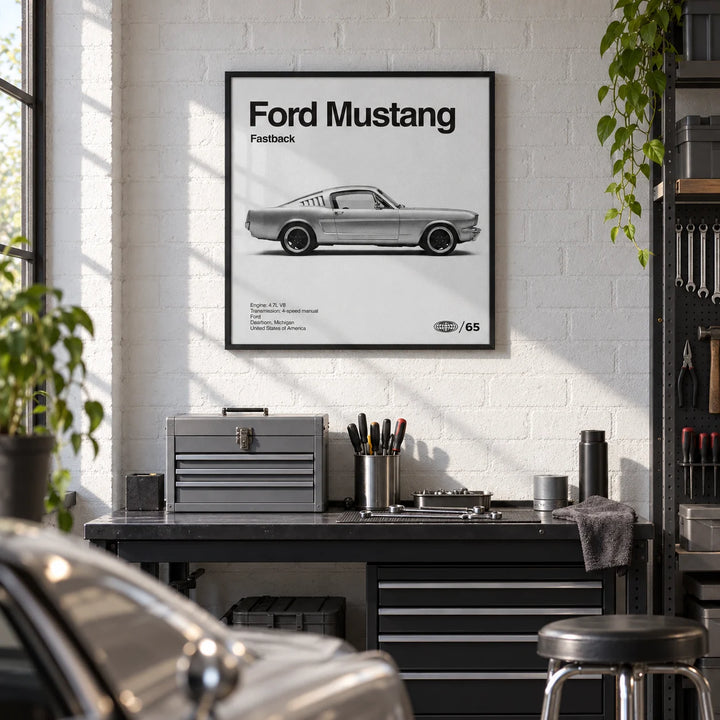 Classic American Muscle Car Poster, framed on the wall of a car enthusiast's den in a converted garage with a white painted brick wall