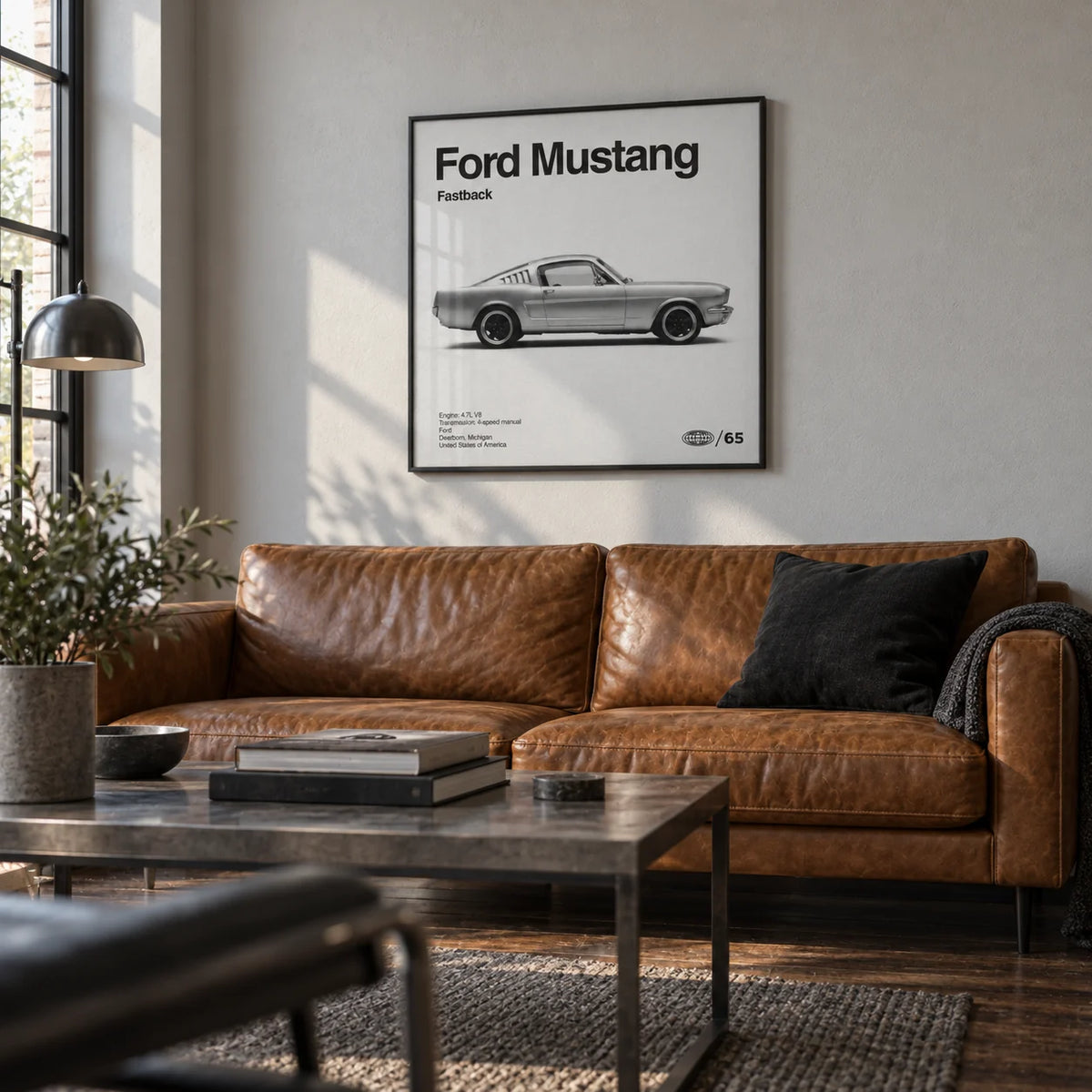 Classic American Muscle Car Poster, framed on the wall of an industrial living room with a pale grey wall and a dark wood floor