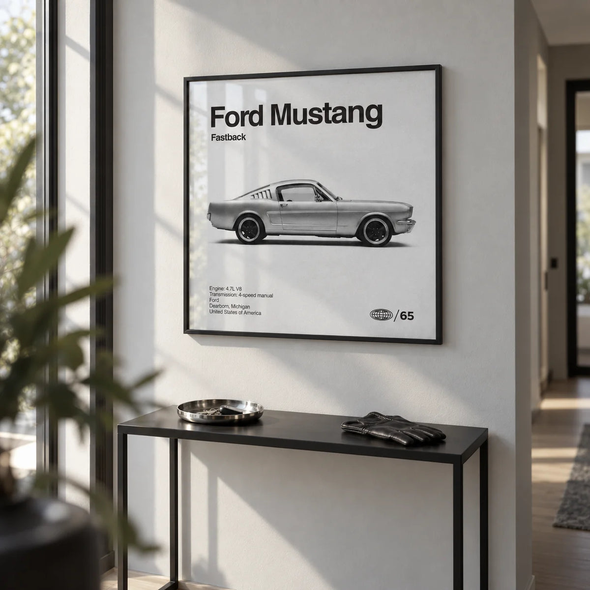 Classic American Muscle Car Poster, framed on the wall of a modern hallway with a pale grey wall