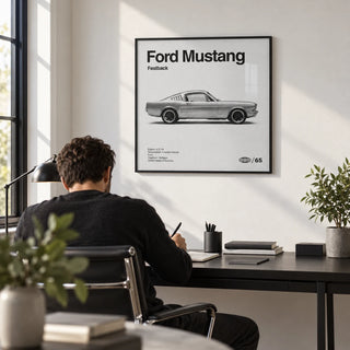 Classic American Muscle Car Poster, framed on the wall of a modern home office with a white wall