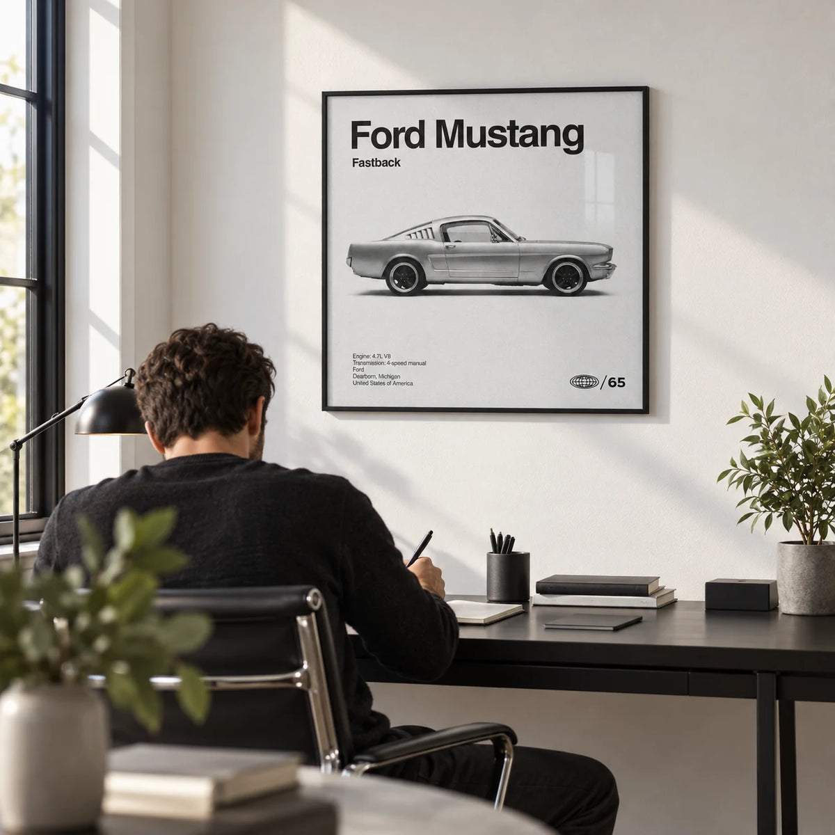 Classic American Muscle Car Poster, framed on the wall of a modern home office with a white wall
