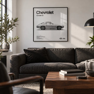Classic American Sports Car Poster, framed on the wall of a loft living room with a white wall and dark wood floor