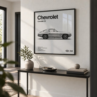 Classic American Sports Car Poster, framed on the wall of a modern hallway with a white wall