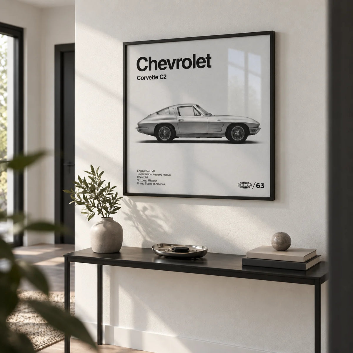 Classic American Sports Car Poster, framed on the wall of a modern hallway with a white wall