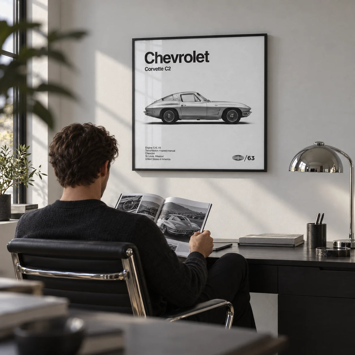 Classic American Sports Car Poster, framed on the wall of a modern home office with a pale grey wall