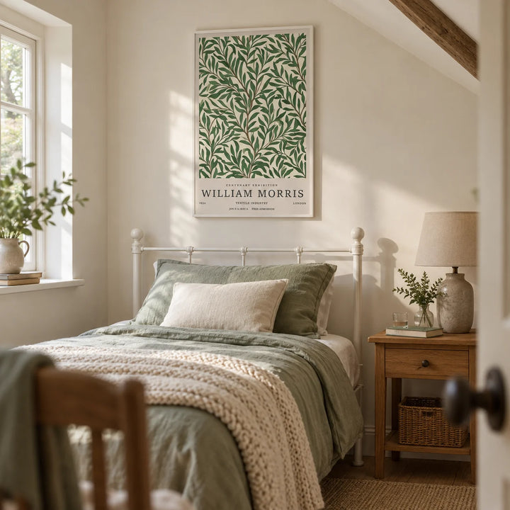 Classic Art Posters, framed on the wall of a calm cottage single guest room with a warm white wall and a sloping ceiling in a bedroom
