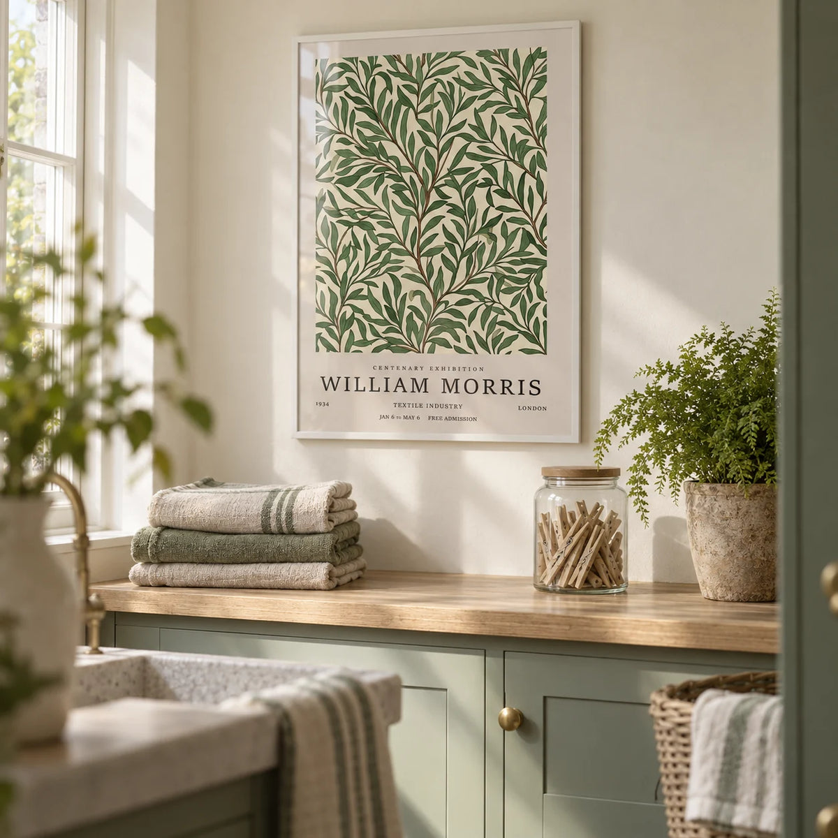 Classic Art Posters, framed on the wall of a calm cottage utility room with a cream wall and a pale oak worktop in a kitchen