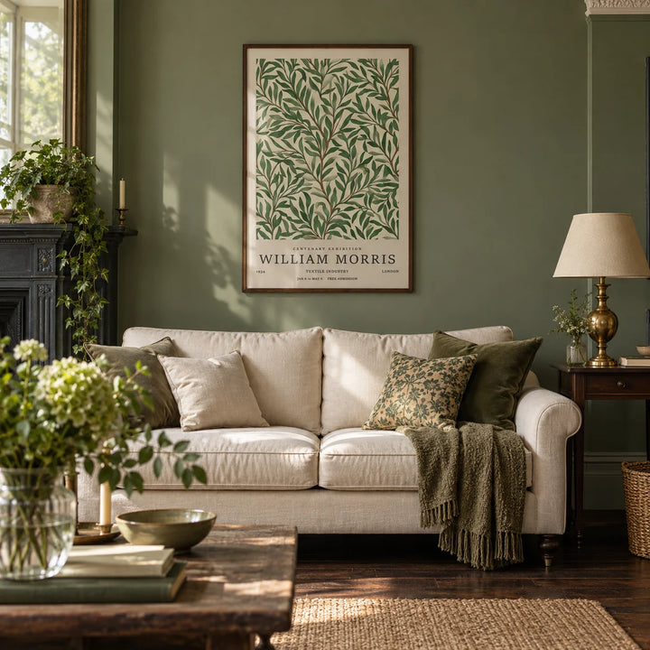 Classic Art Posters, framed on the wall of a characterful Victorian terrace living room with a sage green painted wall and a dark wood floor