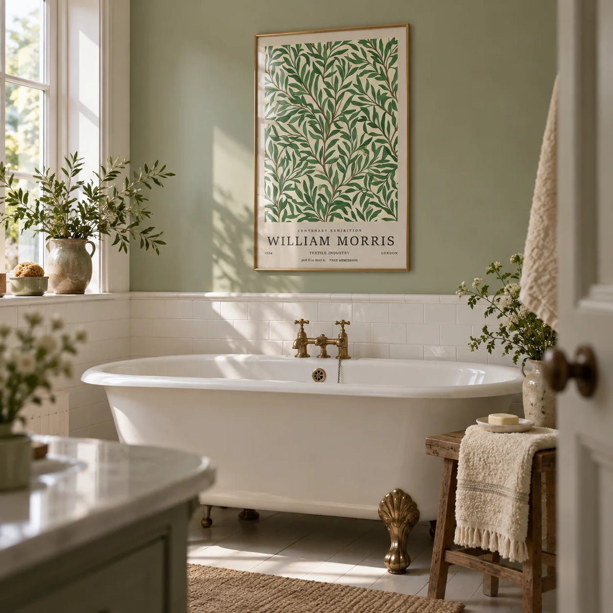 Classic Art Posters, framed on the wall of a cottage bathroom with a soft sage green wall and plain white tiles